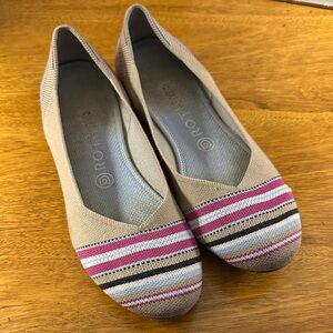 Rothy's Tan Knit Flats with Pink and Black Stripe Detail